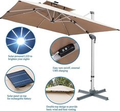 an umbrella with solar panels attached to it and instructions on how to install the pole