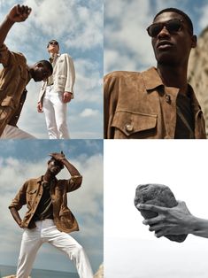 four different shots of a man in white pants and brown jacket