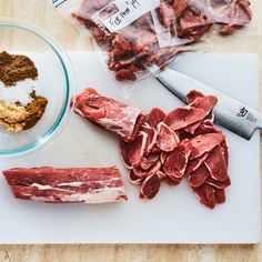 raw meat and spices on a cutting board