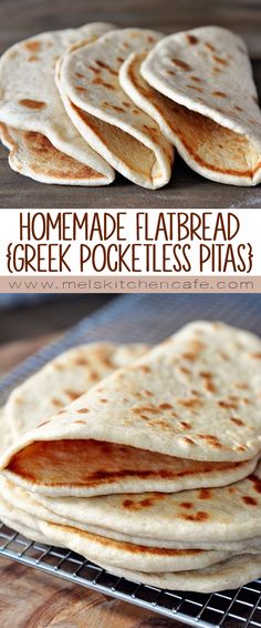 homemade flatbread and greek pocketless pizzas on a cooling rack with text overlay