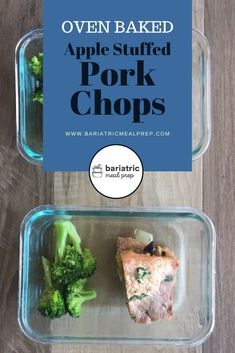 two plastic containers filled with food on top of a wooden table next to broccoli