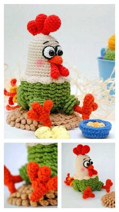 crocheted chicken sitting on top of a table