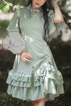 Fabric: Double satin, Chiffon Style types: Sweet Lolita Season: Spring, Summer, Autumn, Winter Include: Dress*1 (Any of the accessory is not included.) Size (IN) Bust Waist Sleeve Length Dress Length Shoulder Width Hem S 33.07 27.17 9.45 37.80 13.78 55.12 M 34.65 28.74 9.84 38.58 14.17 56.69 L 36.22 30.31 10.24 39.37 14.57 58.27 XL 38.58 32.68 10.63 40.55 14.96 59.84 Size (CM) Bust Waist Sleeve Length Dress Length Shoulder Width Hem S 84 69 24 96 35 140 M 88 73 25 98 36 144 L 92 77 26 100 37 148 XL 98 83 27 103 38 152 Style Types, Chiffon Style, Spring Summer Autumn Winter, Chiffon Fashion, Sweet Lolita, Chinese Dress, New Chinese, Lolita Dress, Cheongsam