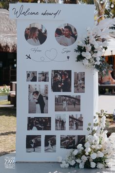 a welcome sign with pictures and flowers on it