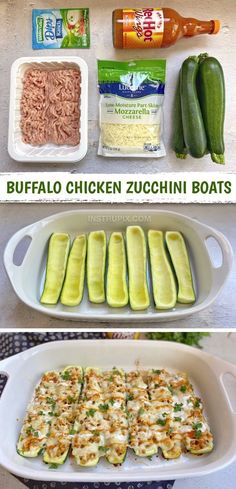 the ingredients for stuffed zucchini boats are shown in separate pictures, and then placed on top of each other