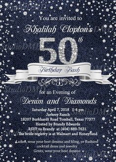 an elegant 50th birthday party with blue jeans and silver glitters on the bottom, white ribbon