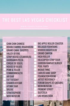 the best las vegas checklist in pink and white with text overlaying it