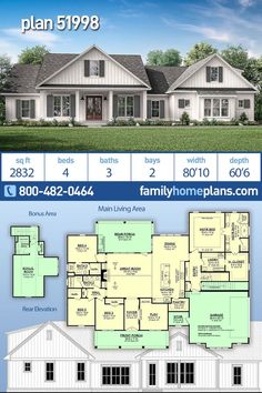 two story house plan with 3 bedroom and 2 bathrooms on the first floor, three car garage