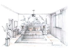 a drawing of a living room with couch, coffee table and potted plants in the corner