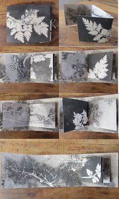 four different pictures of leaves and snow on paper