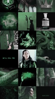 a collage of green and black images with the words,'i will kill you '