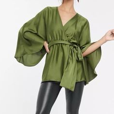 Asos Size 12 Green Satin Plunge Wrap Top Chartreuse Is The Color Imo Great Color For Fall Satin V-Neck Wrap Top Back Cut Out Dolman Split Sleeves See Pics For Measurments Dress Up Or Down Runs Large Fits 14-16 Top Can Be Worn Year Round Nwot Summer V-neck Tops For Evening, Chic Spring Blouse With Surplice Neckline, Chic Faux Wrap Blouse For Night Out, Chic Blouse With Surplice Neckline For Spring, Spring Evening Wrap Blouse, Spring Party Tops With Surplice Neckline, Chic Spring Open Front Top, Summer Party Tops With Open Front, Chic Workwear Tops With Kimono Sleeves