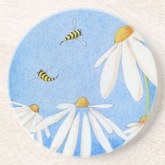 two bees flying over white daisies on a blue background beverage coasters, set of 4