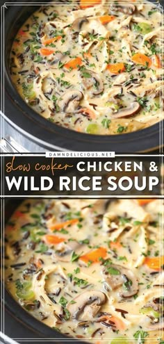 two images showing the same chicken and wild rice soup in an crock pot with carrots