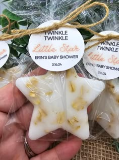 three little star baby shower soaps wrapped in cellophane with twinkie tags