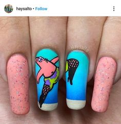 Plankton Nails, Spongebob Nail Art, Spongebob Nails, Black Acrylic Nail Designs, Character Nail Art, Cherry Nail Art, Character Nails, Disney Acrylic Nails, Hot Nail Designs