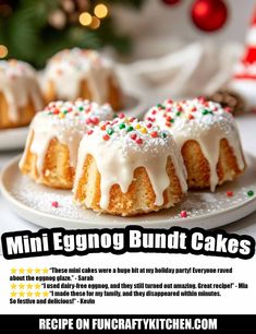 mini eggnog bundt cakes with white icing and sprinkles