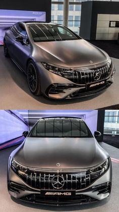 the front and side view of a car on display in a showroom with large windows