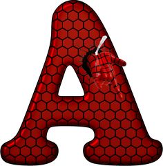 the letter a is made up of red honeycombs and has a bee on it