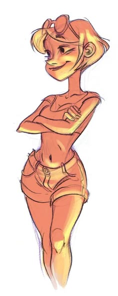 a drawing of a woman in an orange outfit with her hands on her hips and legs crossed