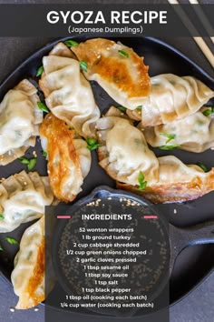 the recipe for gyoza dumplings is shown on a plate with chopsticks