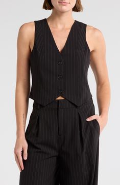 Pinstripes add a lengthening look to this button-front vest that's perfect from desk-to-dinner. 19" length (size Small) Front button closure V-neck Sleeveless Lined 70% polyester, 28% rayon, 2% spandex Machine wash, dry flat Imported Blazer Vest, Suit Vest, Nordstrom Rack, Blazer Jacket, Nordstrom, Desk, Spandex, Blazer, V Neck