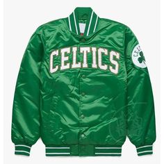 a green jacket with the word celtic on it and shamrocks embroidered on the back