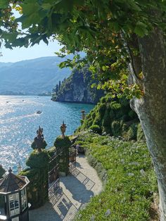 the stairs lead down to the water from the cliff side area, with trees and bushes on both sides