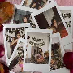 four polaroid photos with the words happy birthday on them and flowers in front of them