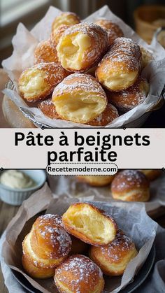 there are many different types of pastries in the bowl and on the table,