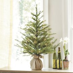 a small christmas tree sitting on top of a wooden table next to two wine bottles