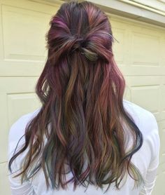 Subtle Streaks Of Color In Hair, Professional Fun Hair Color, Subtle Funky Hair Color, Alternate Hair Color, Bright Colored Hair For Brunettes, Touch Of Color Hair, Subtle Bright Colored Hair, Partial Vivid Hair, Hidden Vivid Hair Color