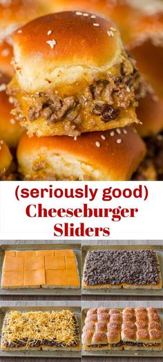 cheeseburger sliders are stacked on top of each other