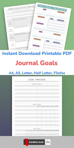 the instant printable planner for journal goals and goal trackers with text overlay