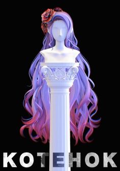 a white mannequin with long purple hair on it's head and the words ko tehok above it