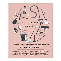 the flyer for cleaning services is shown in black and pink with various items surrounding it