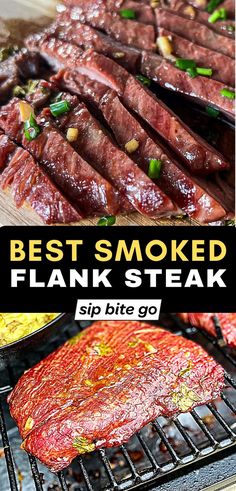 steak cooking on the grill with text overlay that reads best smoked flank steak