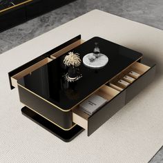 a coffee table with an open drawer on the bottom and books in front of it