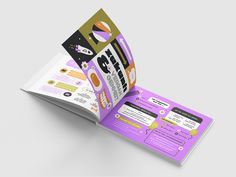 an open purple brochure with images of food and drinks on the front page