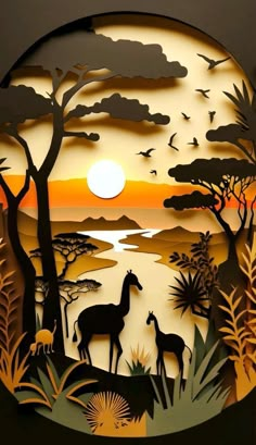 an image of a sunset scene with giraffes and birds