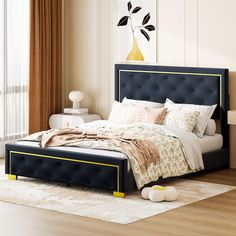 Queen Size Upholstered Platform Bed With Pull Point Headboard And Metal Wire Frame Elegant Colours, Headboard Upholstered, Button Tufted Headboard, Queen Size Platform Bed, Velvet Headboard, Queen Platform Bed, Headboard Designs, Tufted Headboard, Elegant Colors