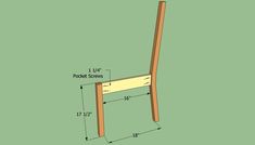 a wooden chair with measurements for the seat and back side, on a green background