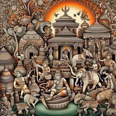 an intricately detailed painting with elephants and other animals in the foreground, surrounded by smaller figures