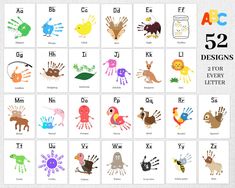 the alphabets and numbers are all in different colors, with pictures of animals on them