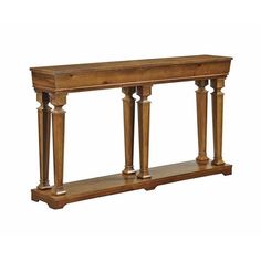 an old wooden console table with three columns