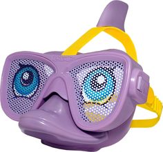 a pair of purple goggles with blue eyes and yellow rubber straps on the side