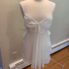 White Chiffon And Lace Night Gown With Satin Bows In Side And Matching Satin Bottoms. Never Worn. Excellent Condition. True To Size Large. Measurements: Side Seam To Side Seam: 15 Inches Shoulders To Hem: 31 Inches Coquette Night Dress, Sheer Camisole Nightgown For Wedding Night, Sheer Camisole Wedding Sleepwear, White Sheer Nightgown, Sheer Camisole Sleepwear For Wedding, Sheer Sleepwear For Wedding Night, White Coquette Nightgown For Sleep, White Sheer Sleepwear For Night, Sheer White Sleepwear