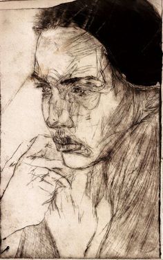 a black and white drawing of a man with his hand on his chin