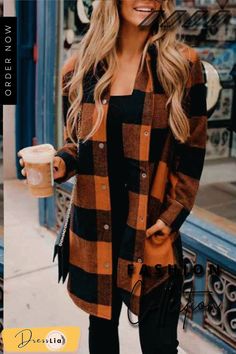 Wide Plaid Jacket Long Coat Straight Clothes, Orange Plaid, Pocket Cardigan, Plaid Coat, Mini Robes, Plaid Jacket, Pullover Shirt, Collar Blouse, Plaid Tops