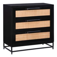 a black cabinet with two wicker drawers on it's sides and an iron base